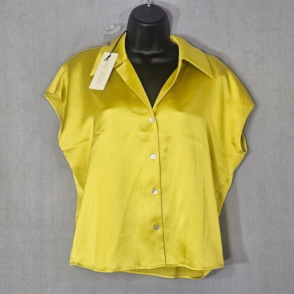 New Rachel Zoe Chartruce/Yellow Satin Spread Collar Top Size Medium - Picture 1 of 6